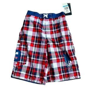 U.S. Polo Assn. Boys Swim Trunks Red Plaid Size 5/6 With Elastic Waist & Pocket
